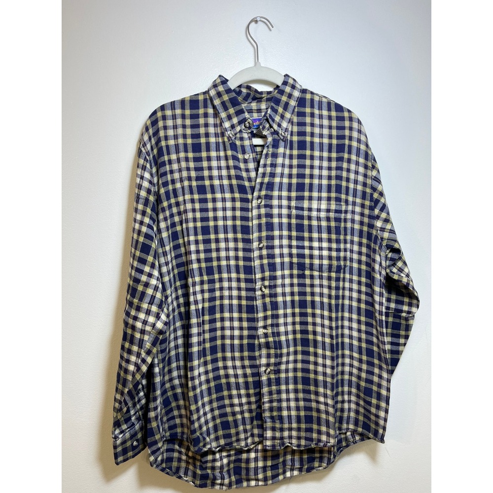 NorthCrest Mens  Plaid Button Down‎ Shirt Navy Blue Yellow Cotton Long Sleeve